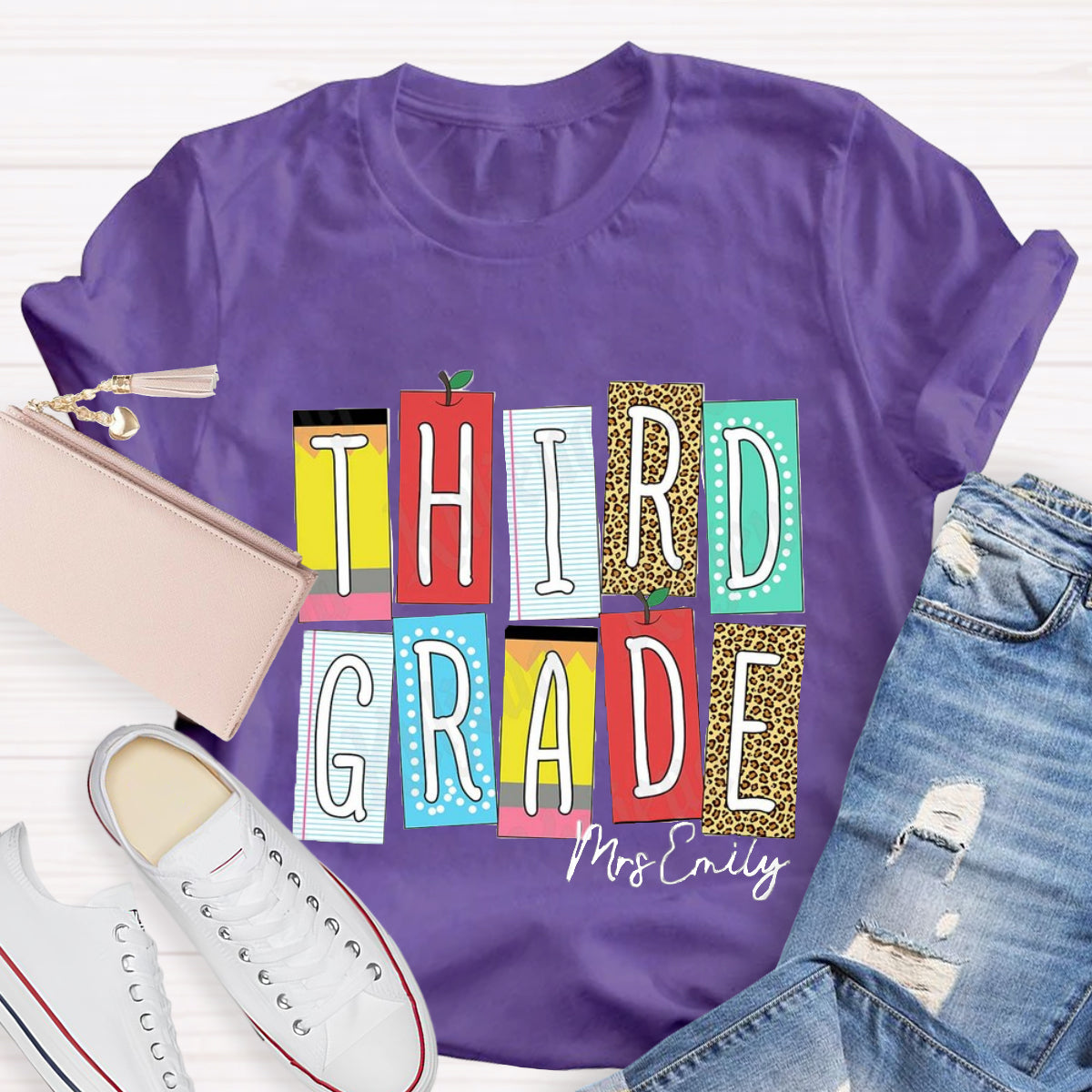 Personalized Grade And Name Leopard Color Block Teacher T-Shirt