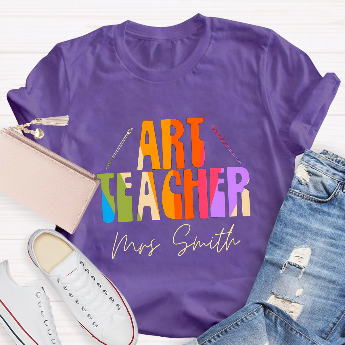 Personalized Name And Art Simple Color Teacher T-Shirt