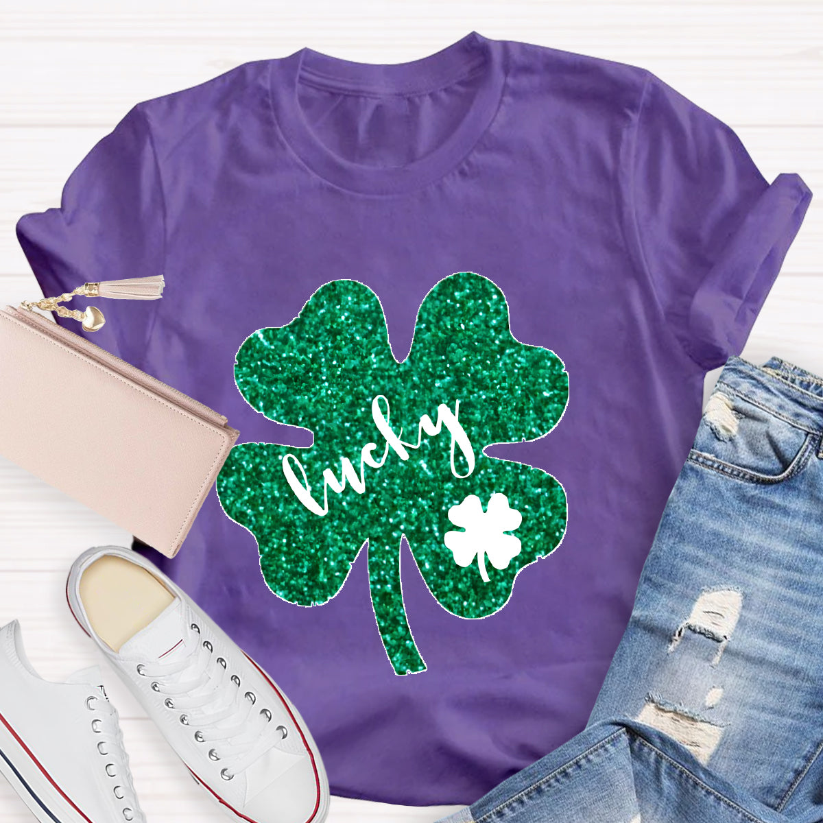 Green Glitter Shamrock Lucky Teacher T-Shirt