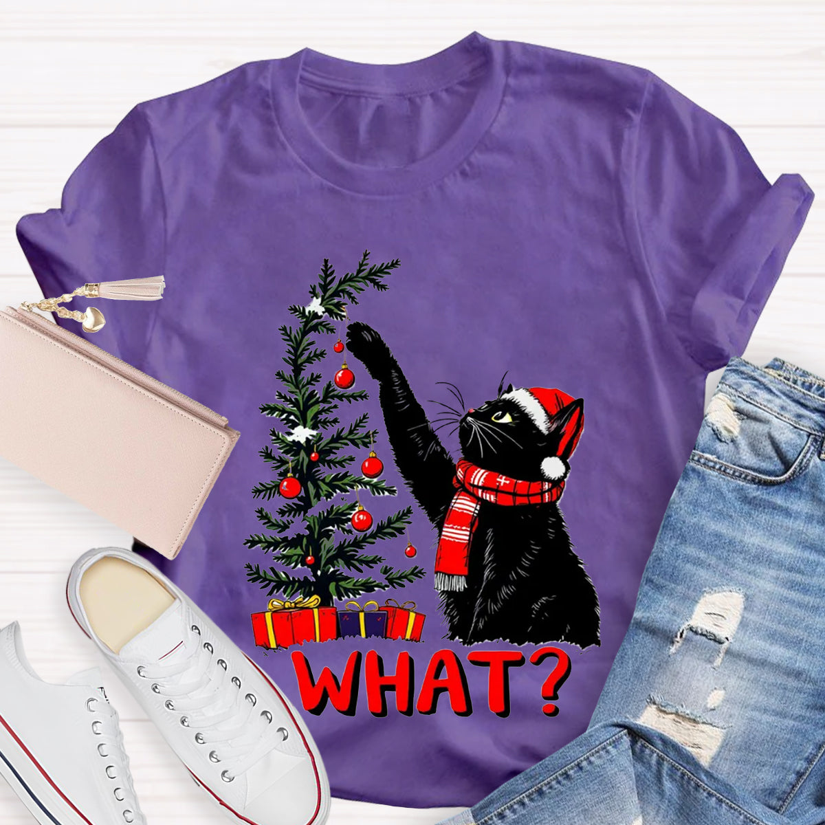 Black Cat Pushing Christmas Tree T-Shirt