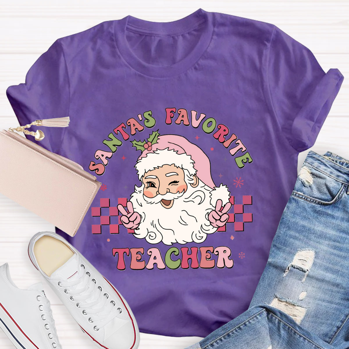 Santa's Favorite Teacher Pink Santa Claus T-Shirt