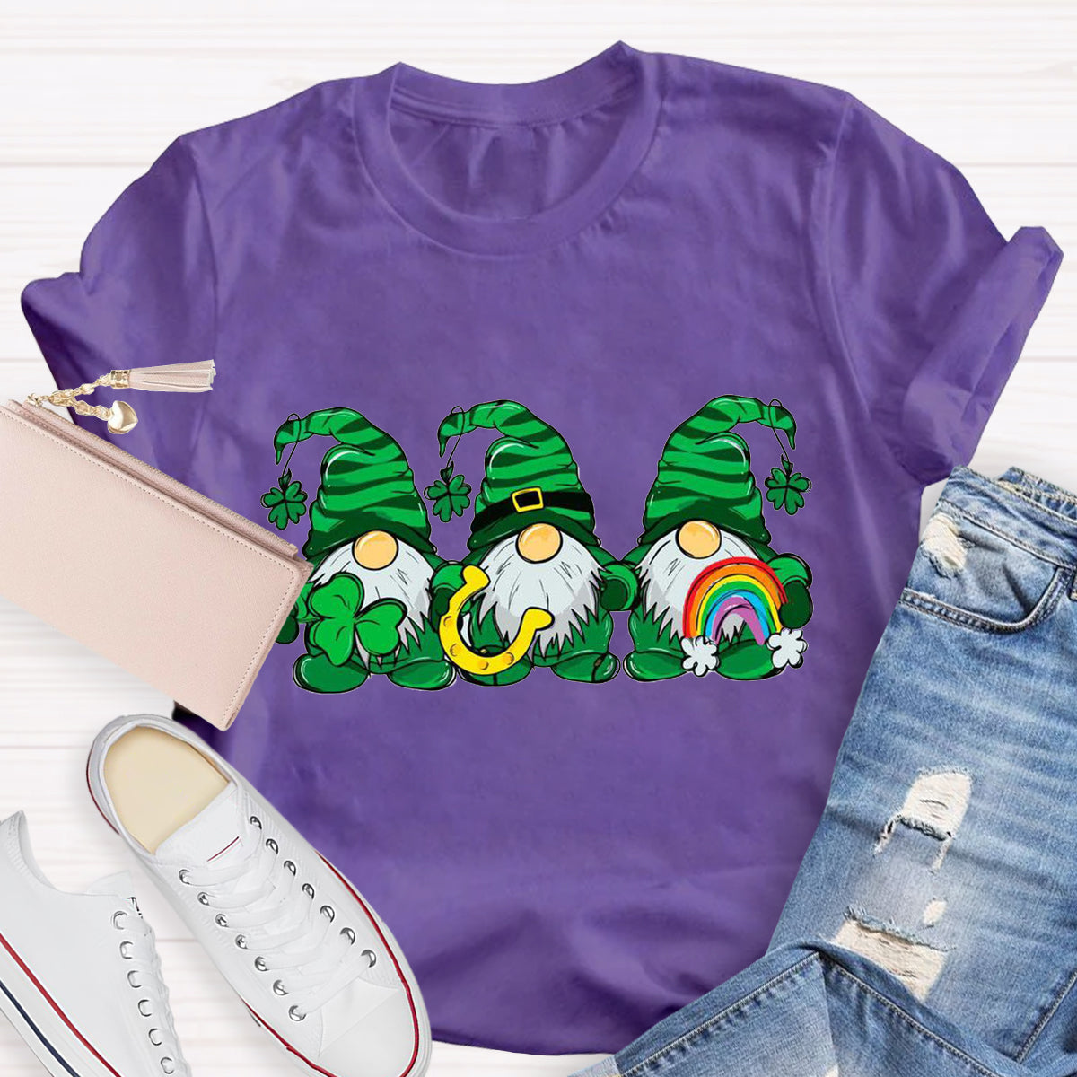 Three St Patricks' Day Gnome With Rainbow T-Shirt