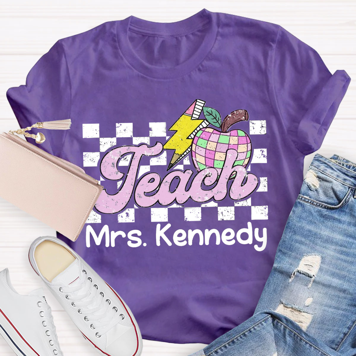 Personalized Teacher Name Retro Checkered Teacher T-Shirt