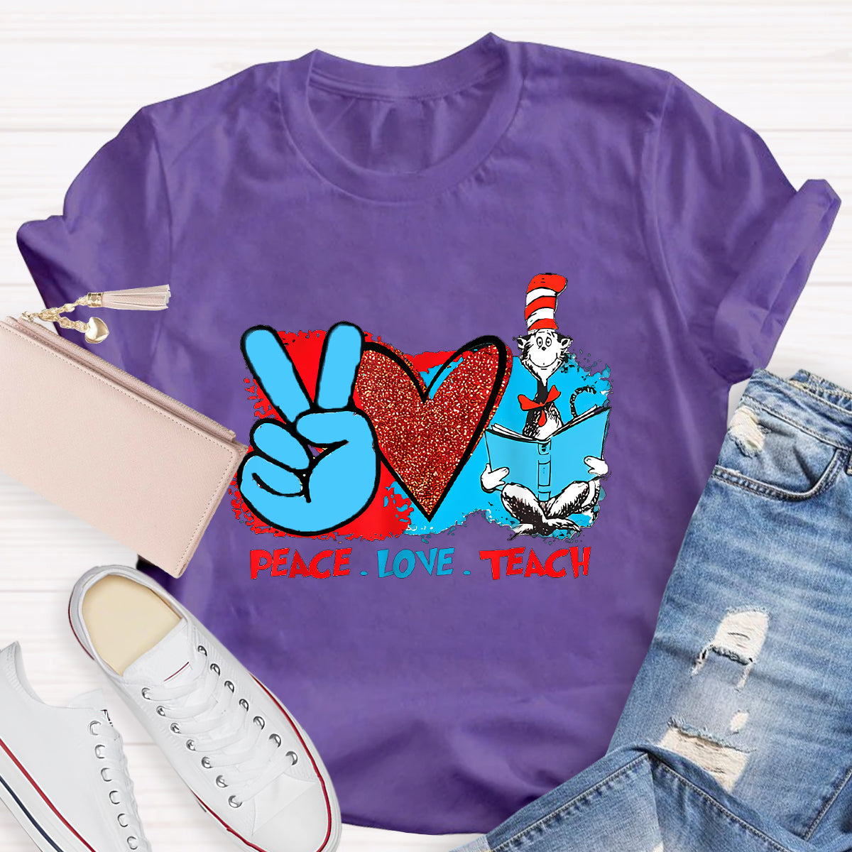 Peace Love Teach Children's Books T-Shirt