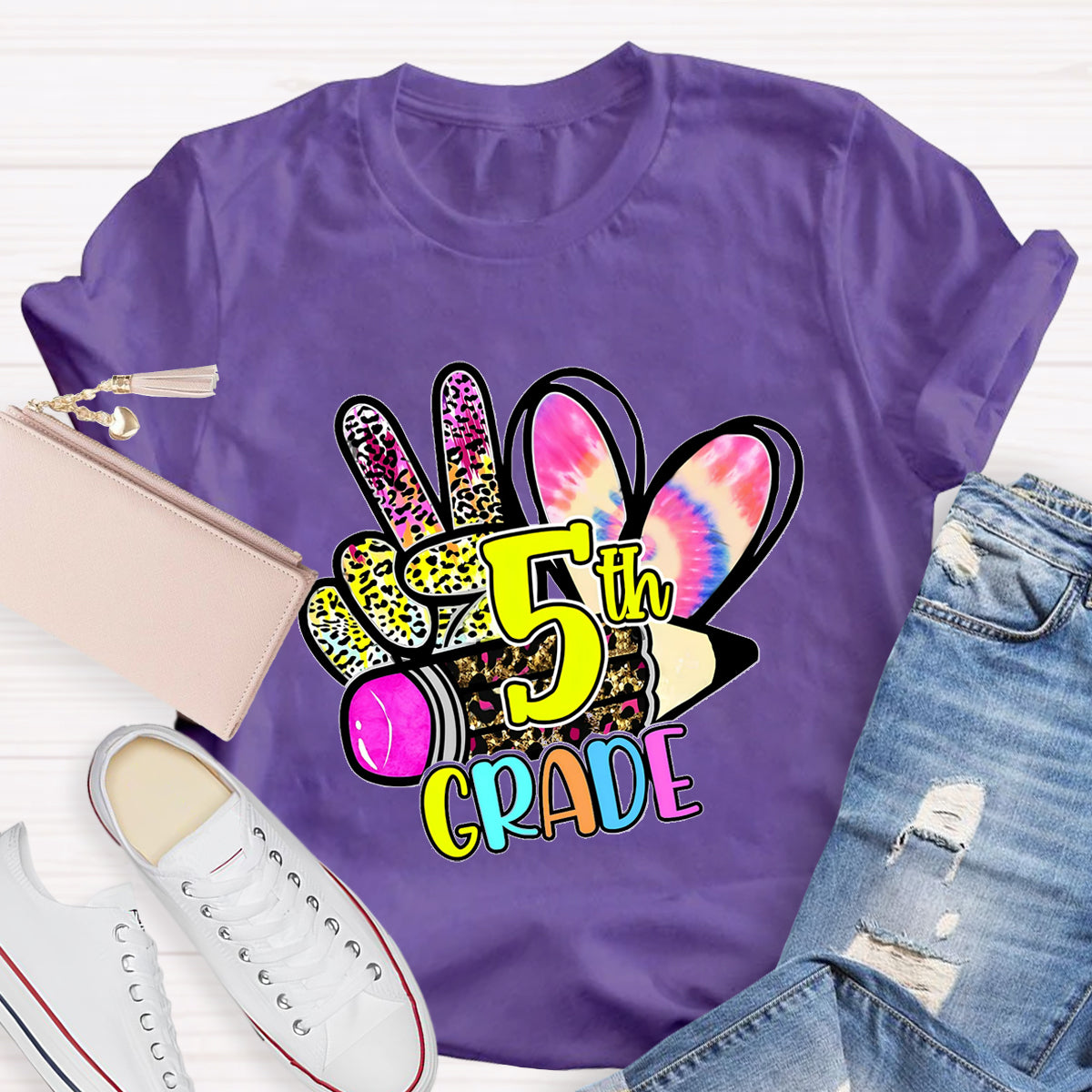 Personalized Grade Colorful  Leopard Heart  5th Grade Teacher T-Shirt