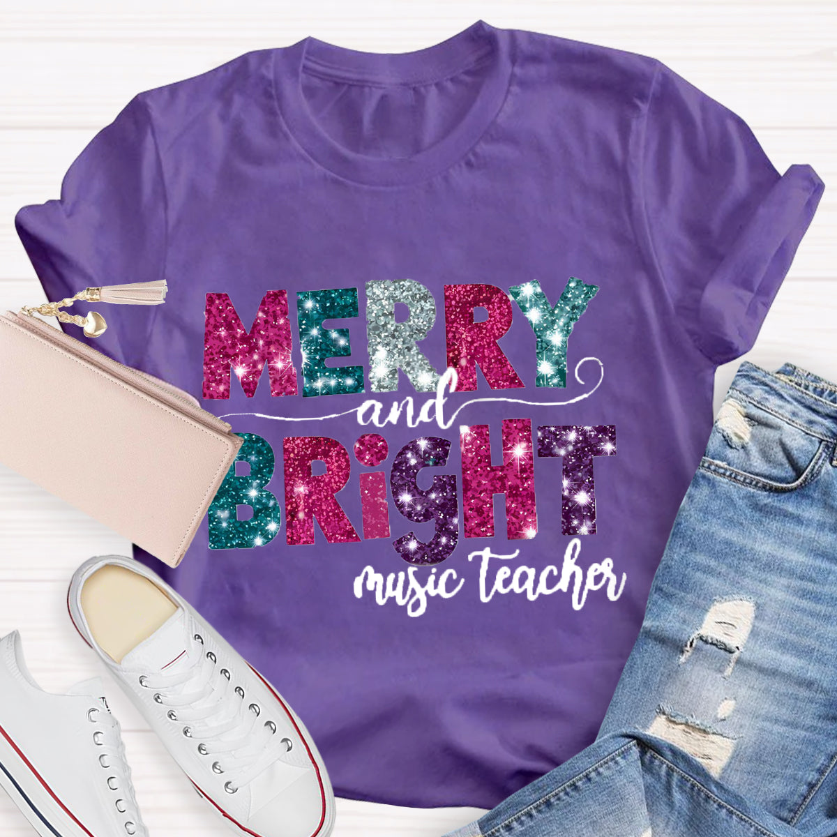 Personalized Subject Merry and Bright Teacher  T-Shirt