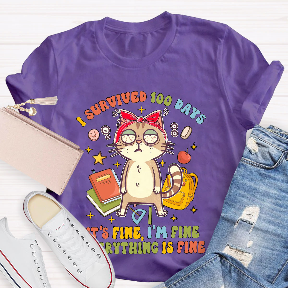 I Survived 100 Days Everything Is Fine Funny Cat  T-Shirt