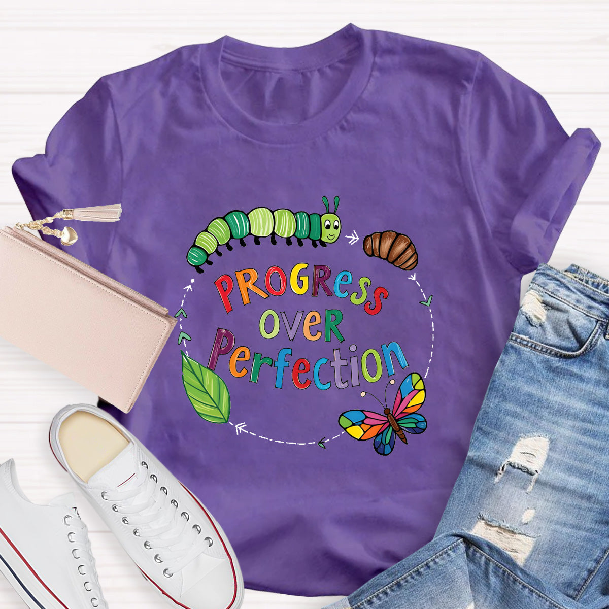 Progress Over Perfection Butterfly Teacher T-Shirt