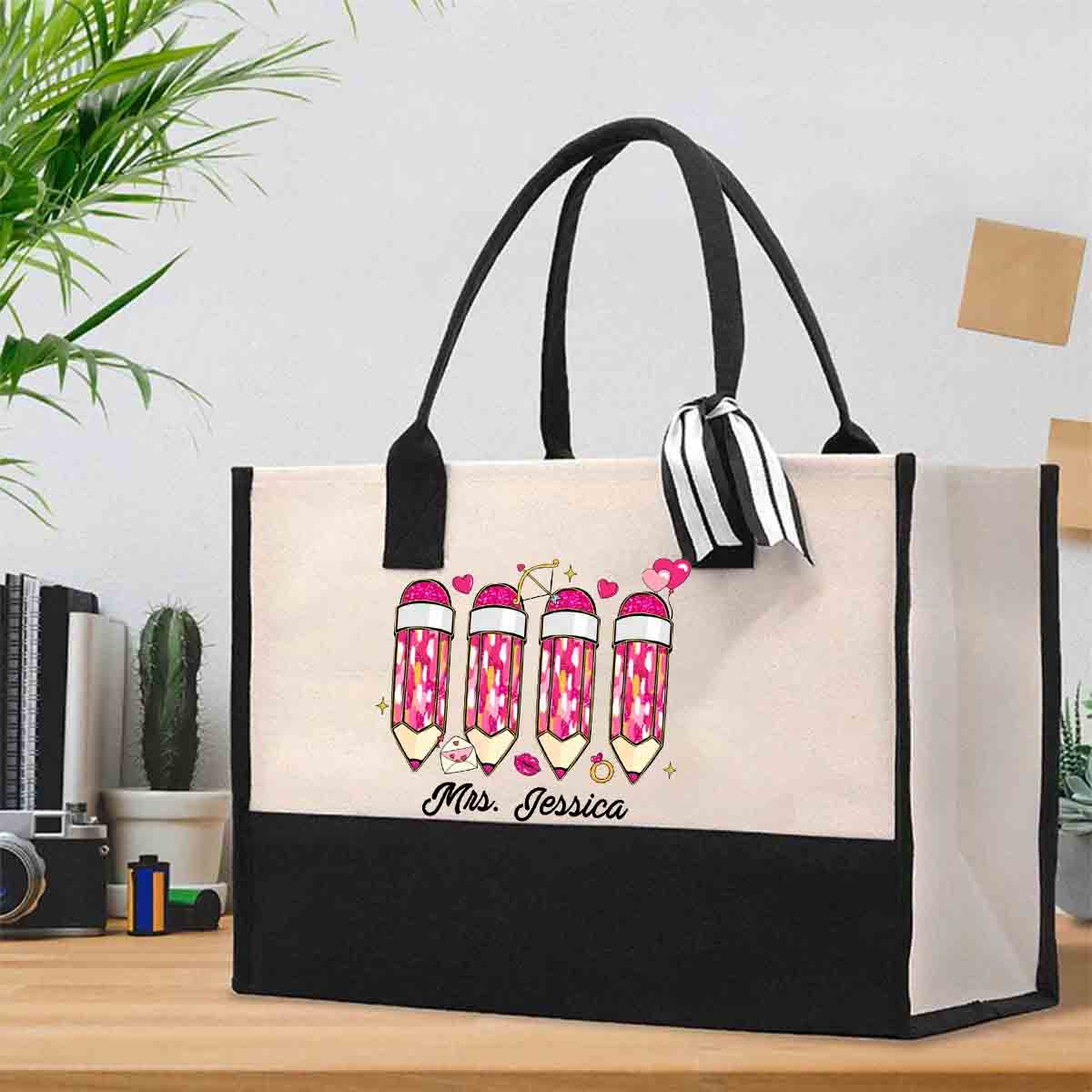 Personalized Name Pink Pencil Teacher Cotton Tote Bag