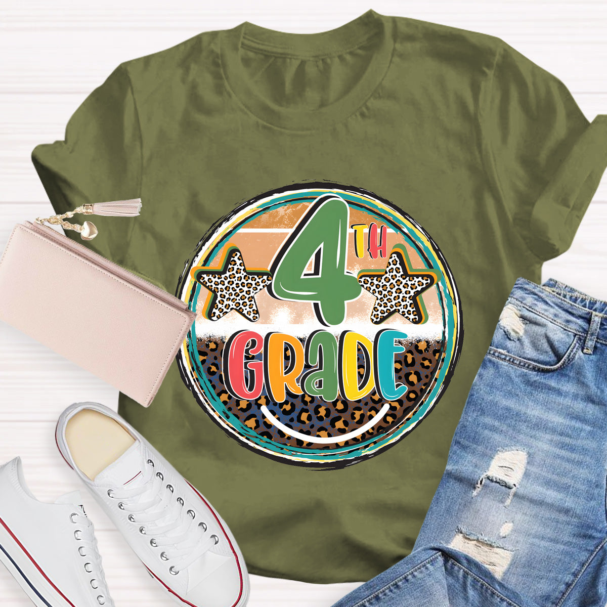 Personalized Grade Leopard Star 4th Grade Teacher T-Shirt
