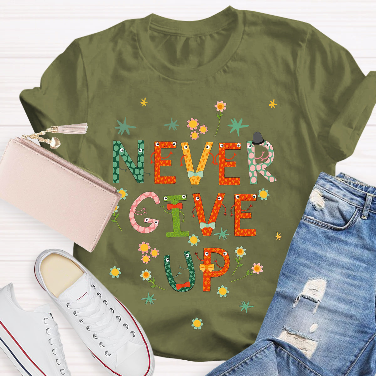 Cute Floral Never Give Up T-Shirt