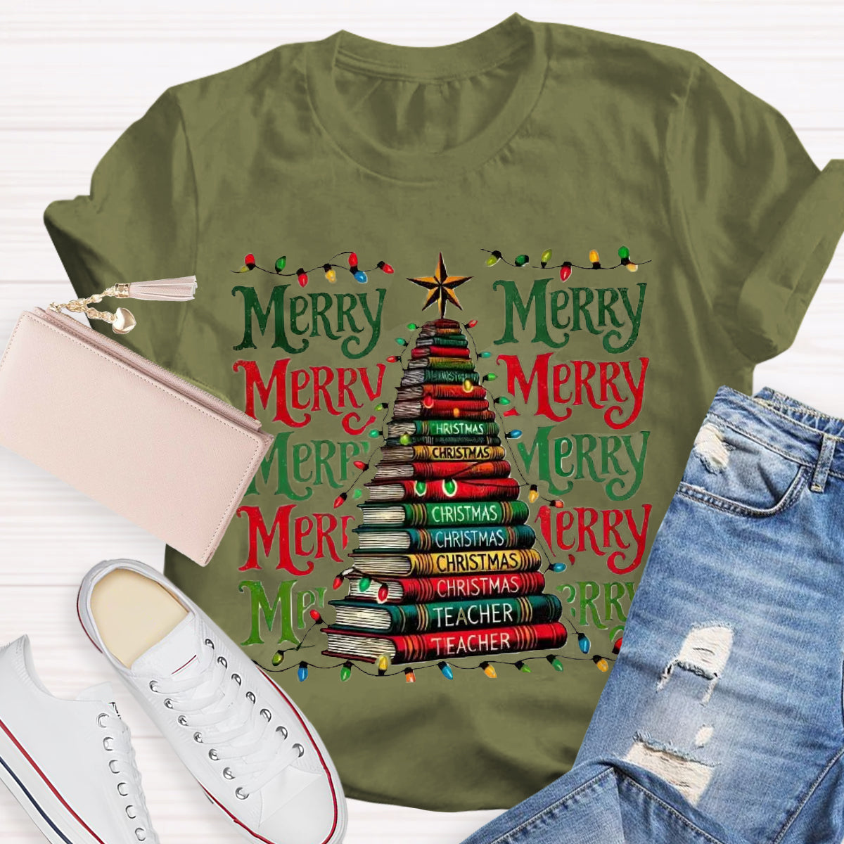 Merry Christmas Book Tree Teacher T-Shirt