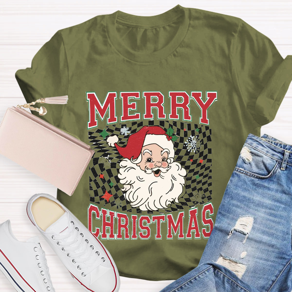 Merry Christmas Plaid Print Santa T-Shirt