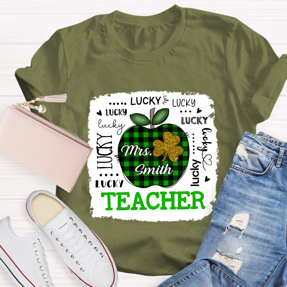 Personalized Name Lucky Teacher Green Apple T-Shirt