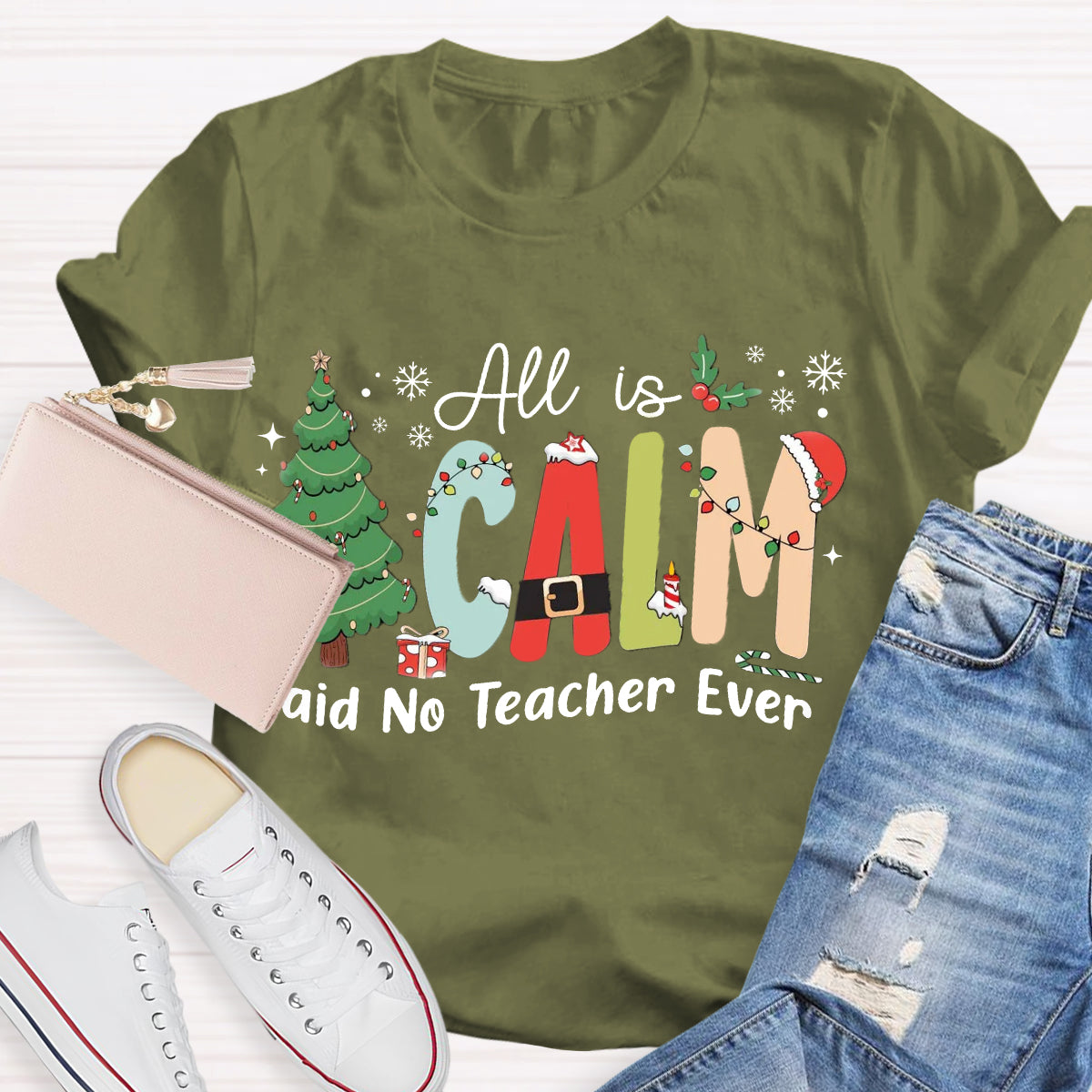 All Is Calm Said No Teacher Ever Teacher Christmas Tree T-Shirt