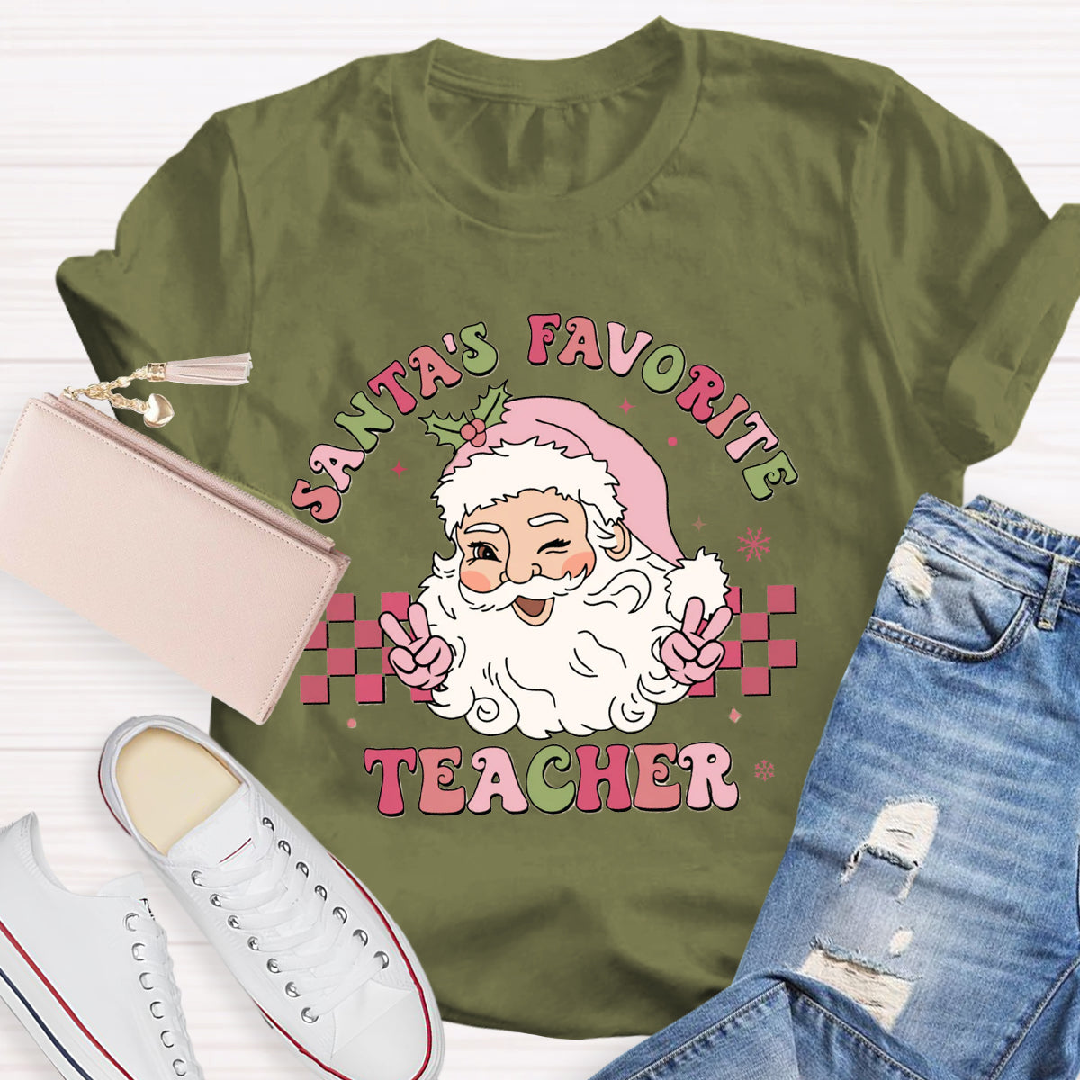 Santa's Favorite Teacher Pink Santa Claus T-Shirt