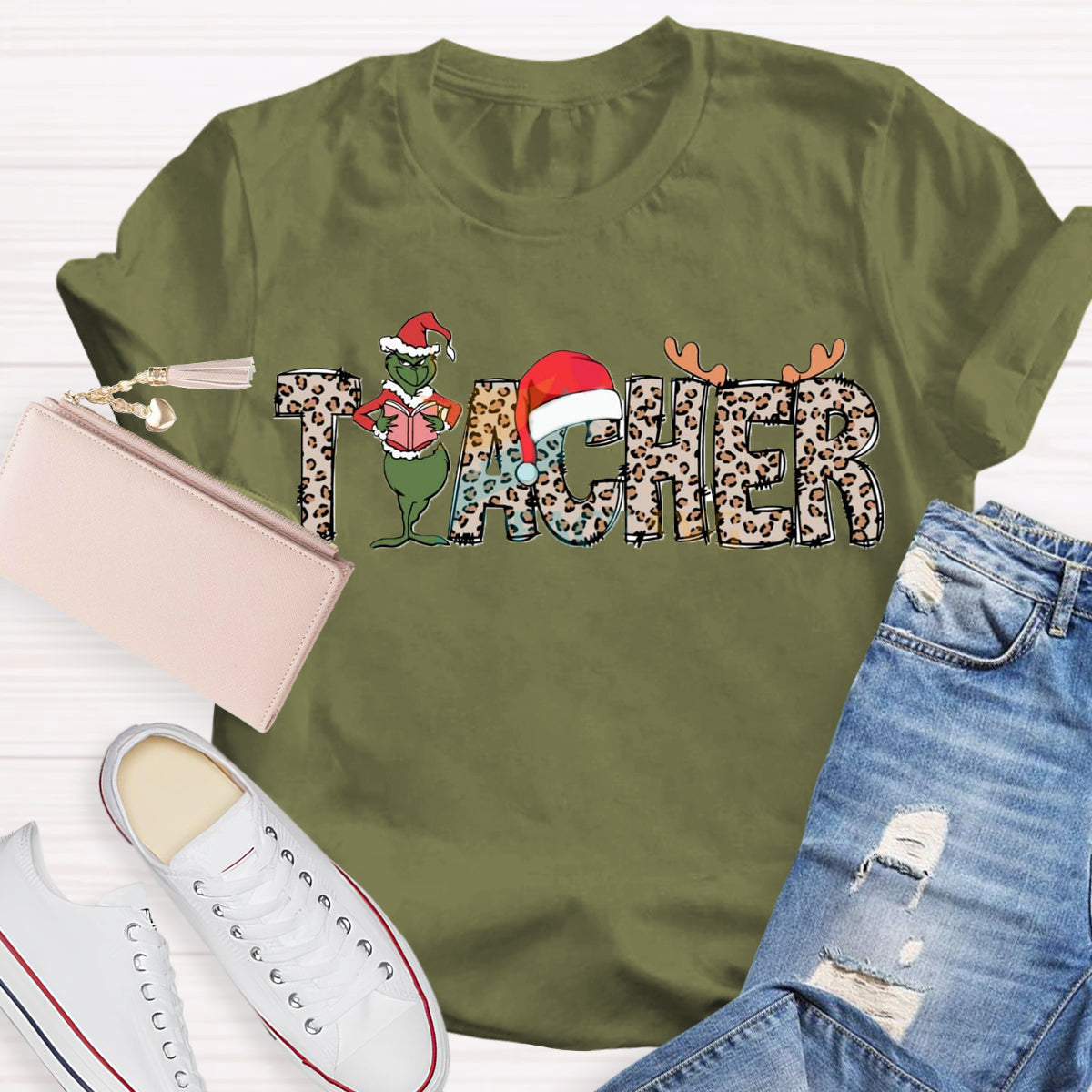 Christmas Leopard Teacher Grinch T-Shirt