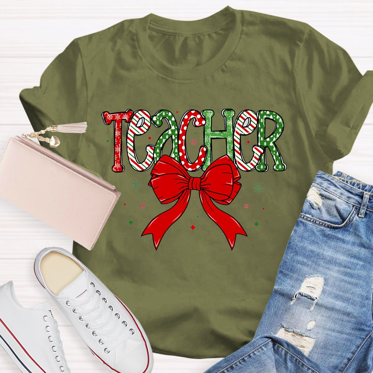 Christmas Bow Doodle Teacher T-Shirt