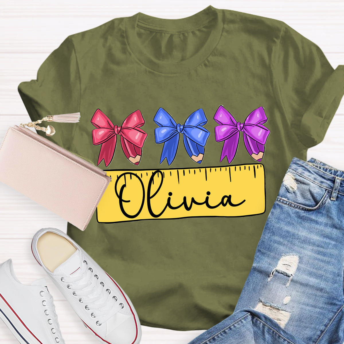 Personalized Name Bow Ruler Print Teacher T-Shirt