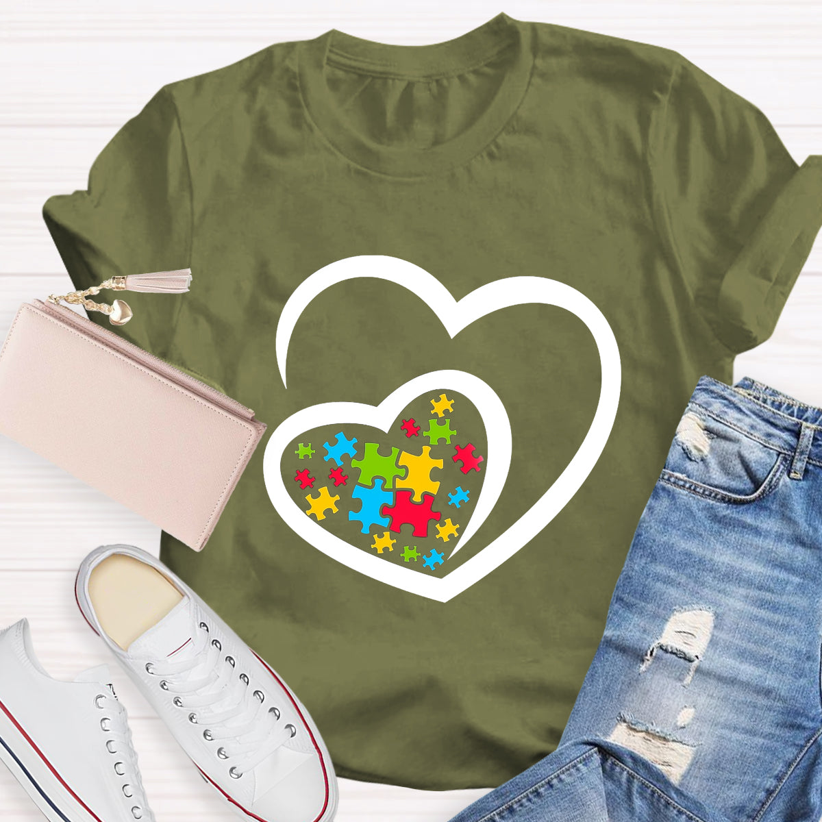 Love Ribbon Heart Puzzle Autism Awareness T-Shirt