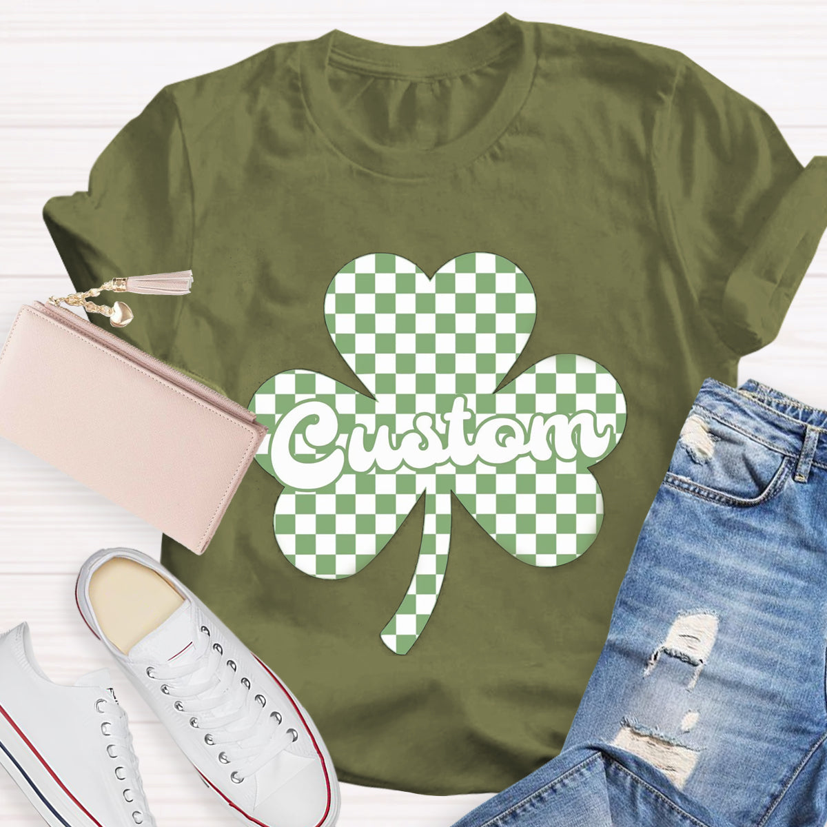 Personalized Name Checkered Clover Teacher T-Shirt