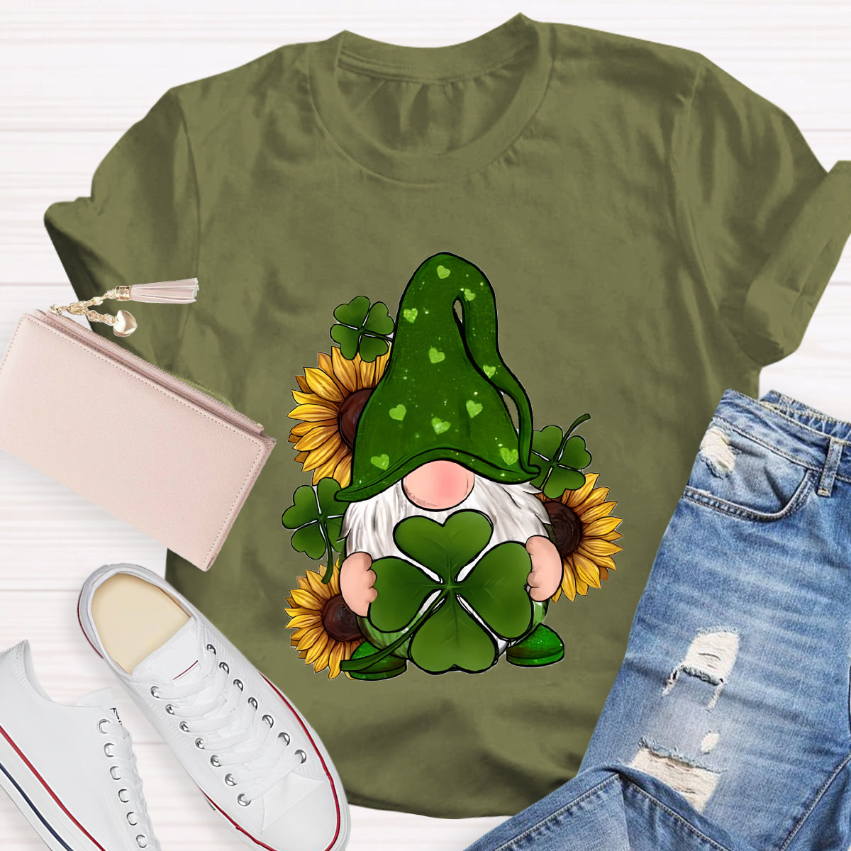 St. Patricks Day Gnome With Sunflowers Teacher T-Shirt