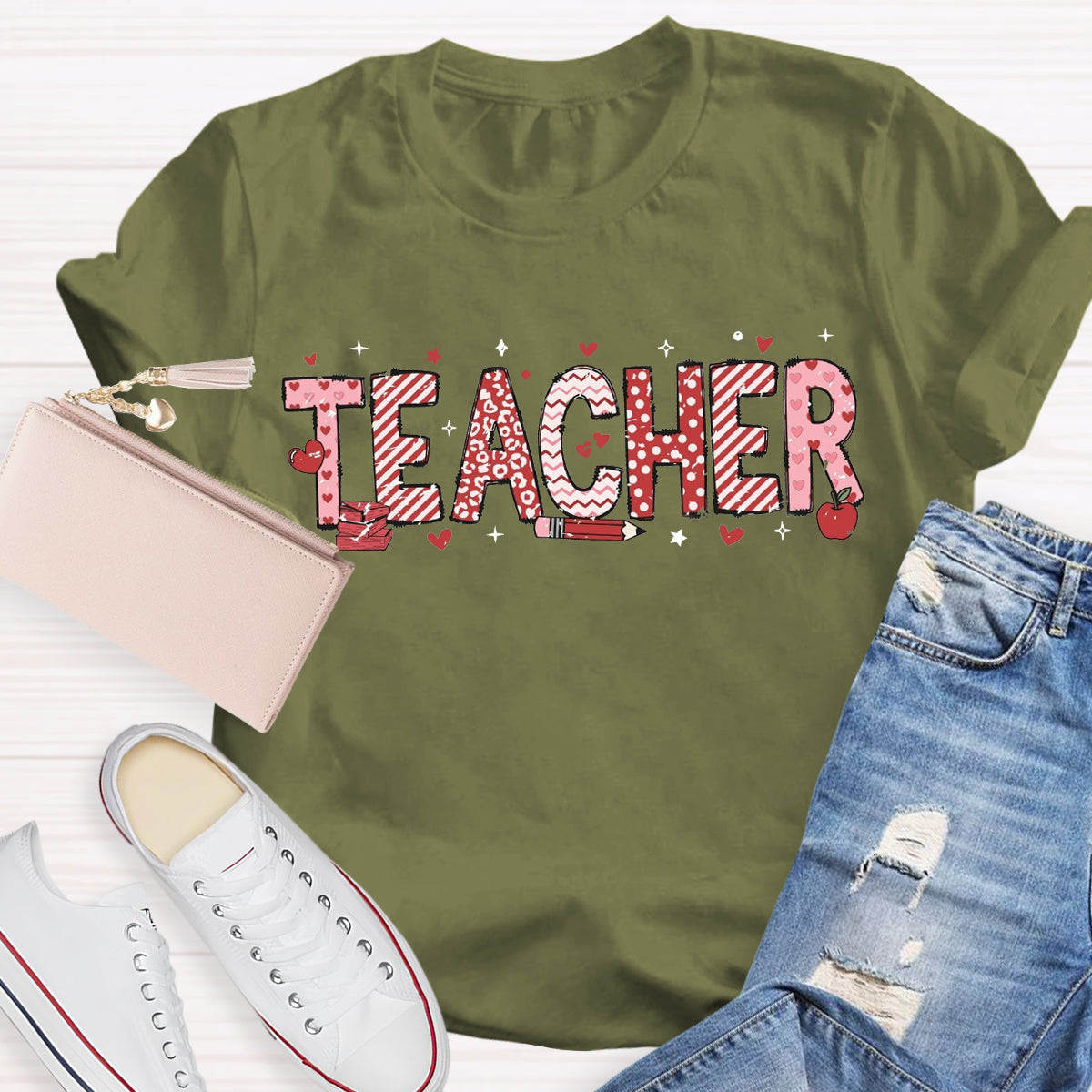 Valentine's Day Pink Heart Pencil Teacher T-Shirt