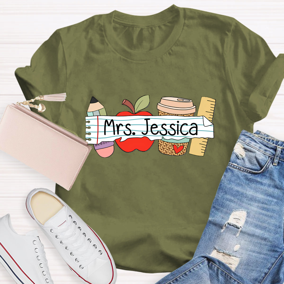 Personalized Teacher's Name Apple Pencil Coffee T-Shirt