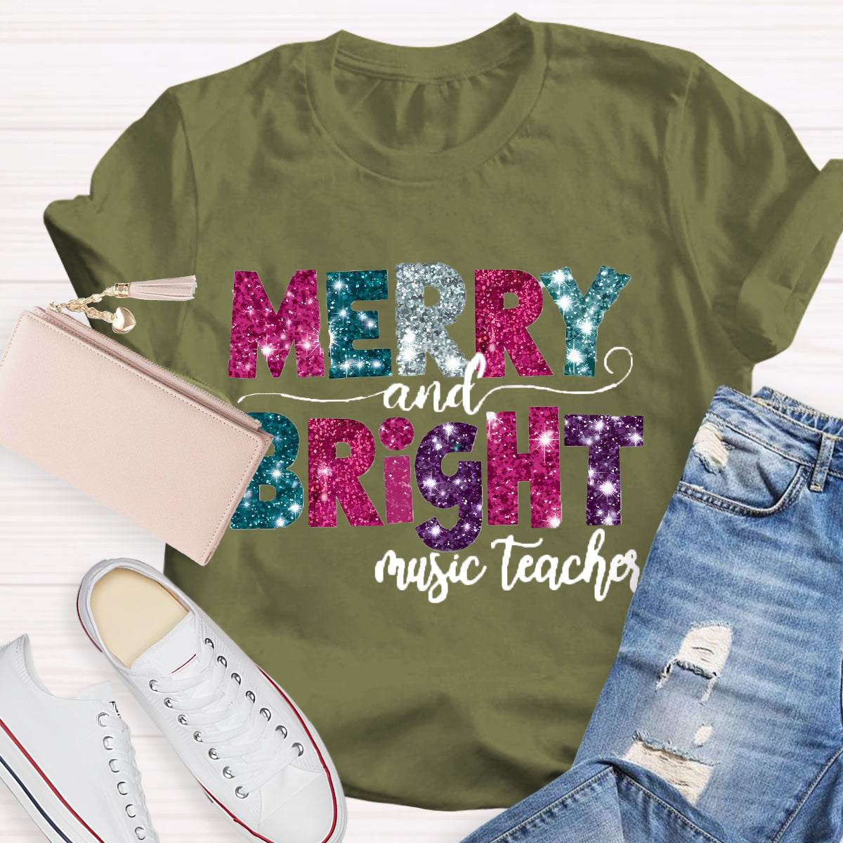 Personalized Subject Merry and Bright Teacher  T-Shirt