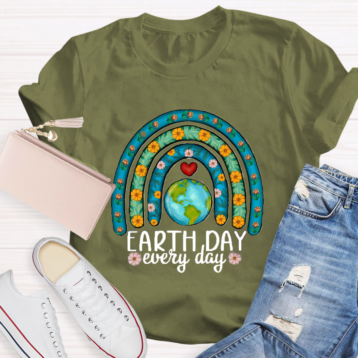 Earth Day Every Day Plant Rainbow Teacher T-Shirt