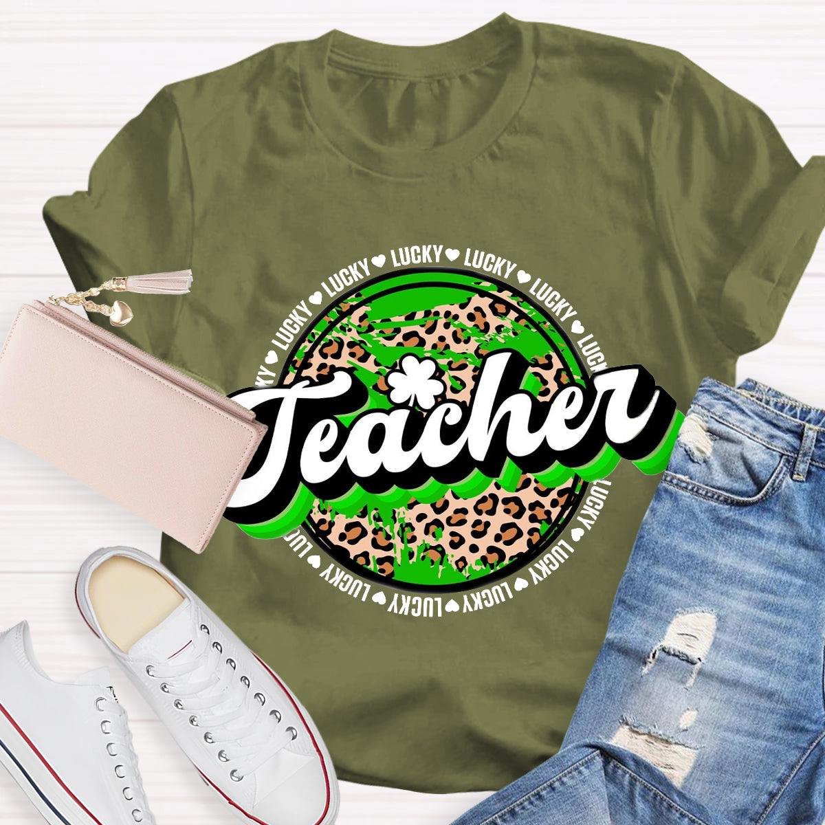 St. Patrick's Day Lucky Leopard Shamrock Teacher T-Shirt