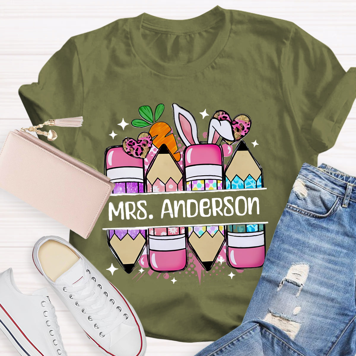 Personalized Name Cute Easter Pencils Teacher T-Shirt