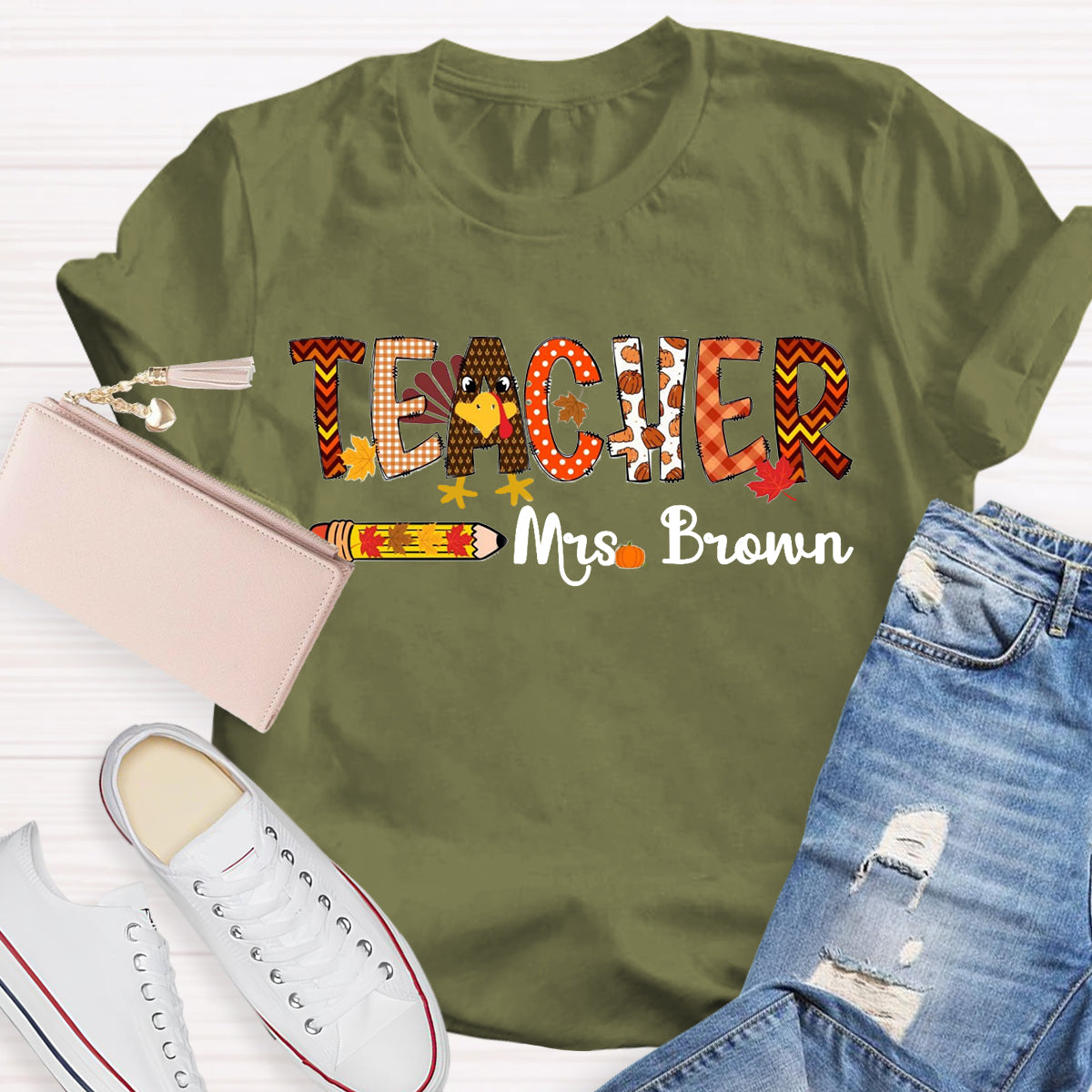 Personalized Name Thanksgiving Teacher T-Shirt