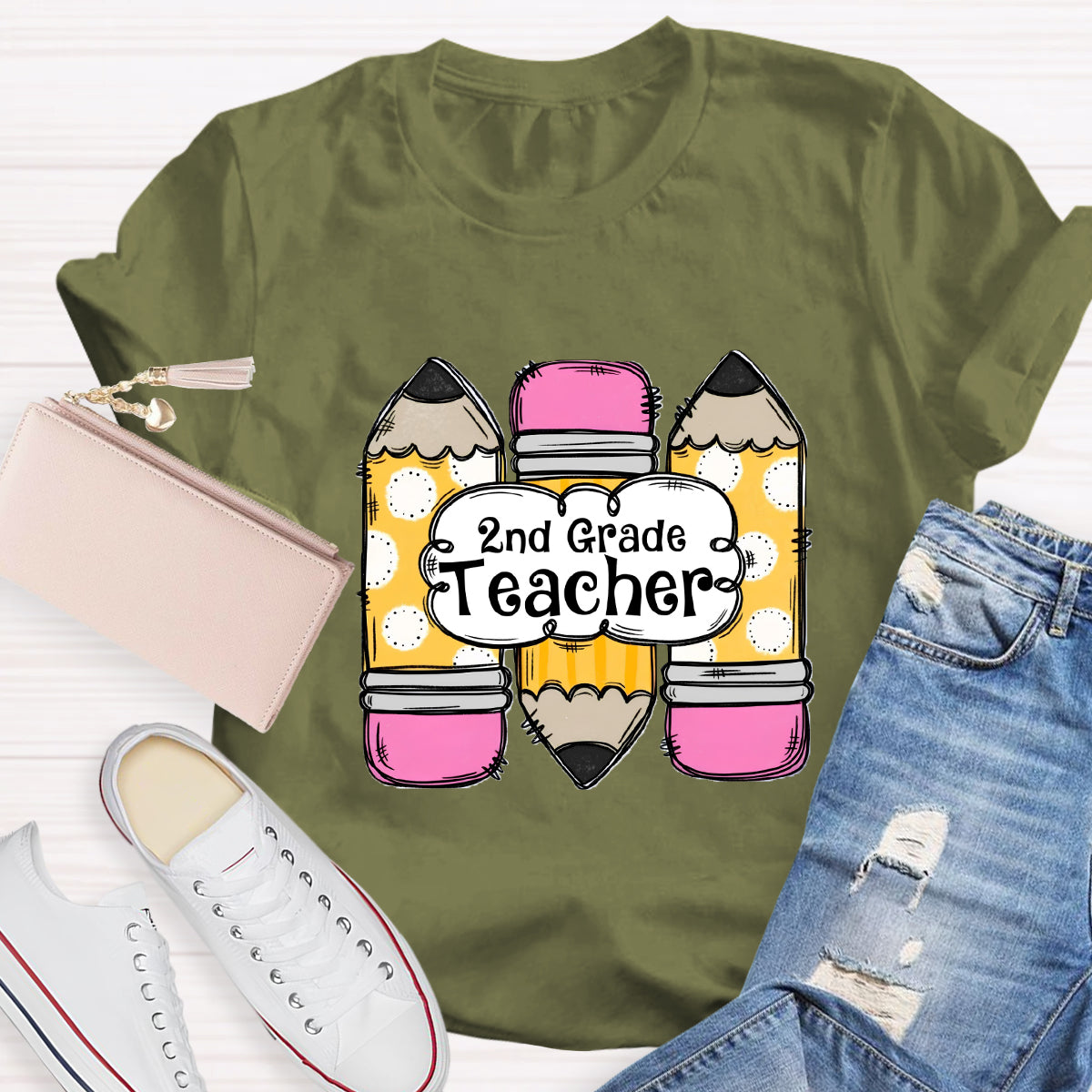 Personalized Grade Pink Pencil Printed 2nd Grade Teacher T-Shirt