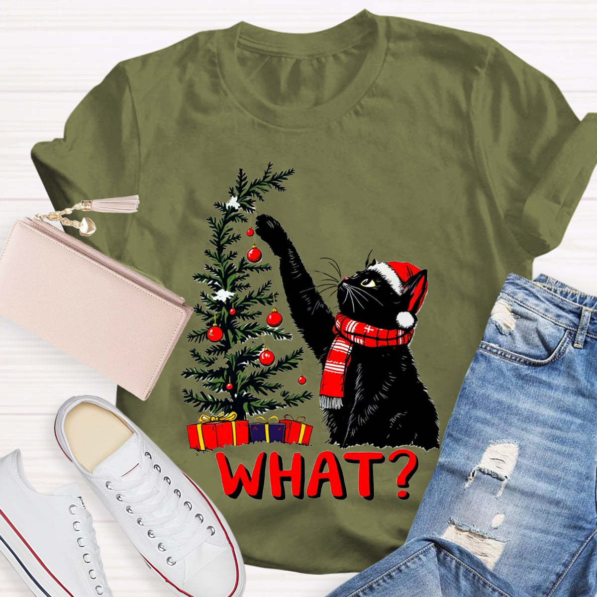 Black Cat Pushing Christmas Tree T-Shirt