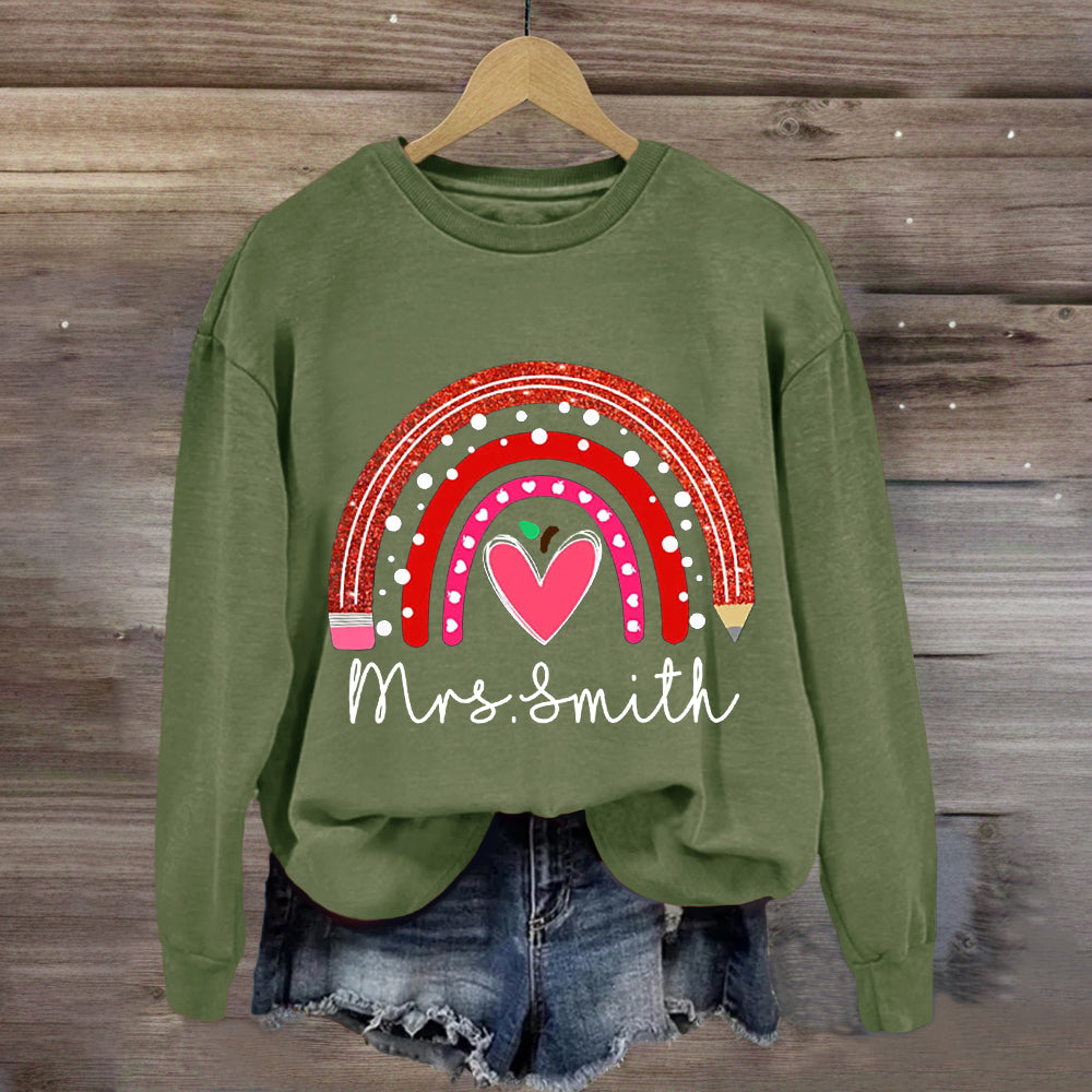 Personalized Name Rainbow Pencil Heart-Shaped Apple Teacher Sweatshirt