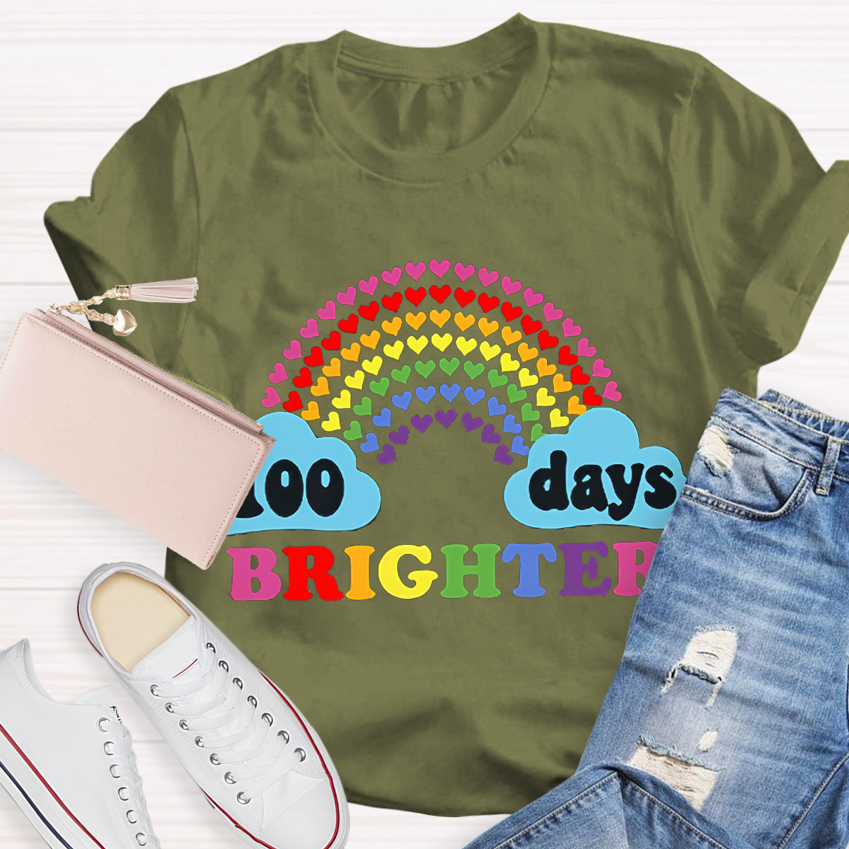 100 Days Brighter Heart Rainbow Teacher T-Shirt