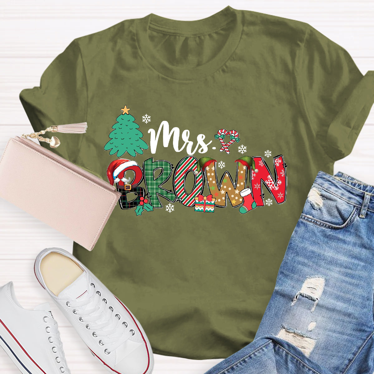 Personalized Name Christmas Tree Teacher T-Shirt