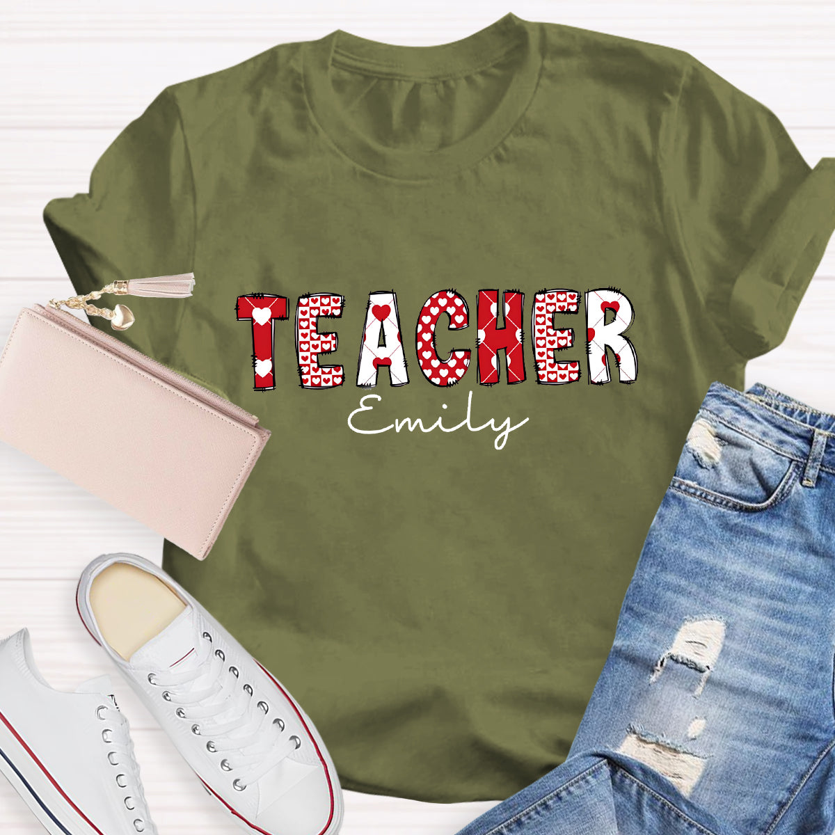 Personalized Name Pink Heart Printed Teacher T-Shirt