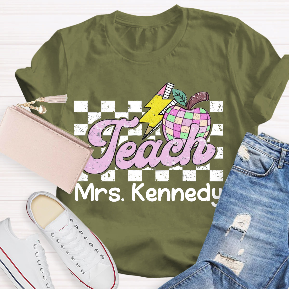 Personalized Teacher Name Retro Checkered Teacher T-Shirt