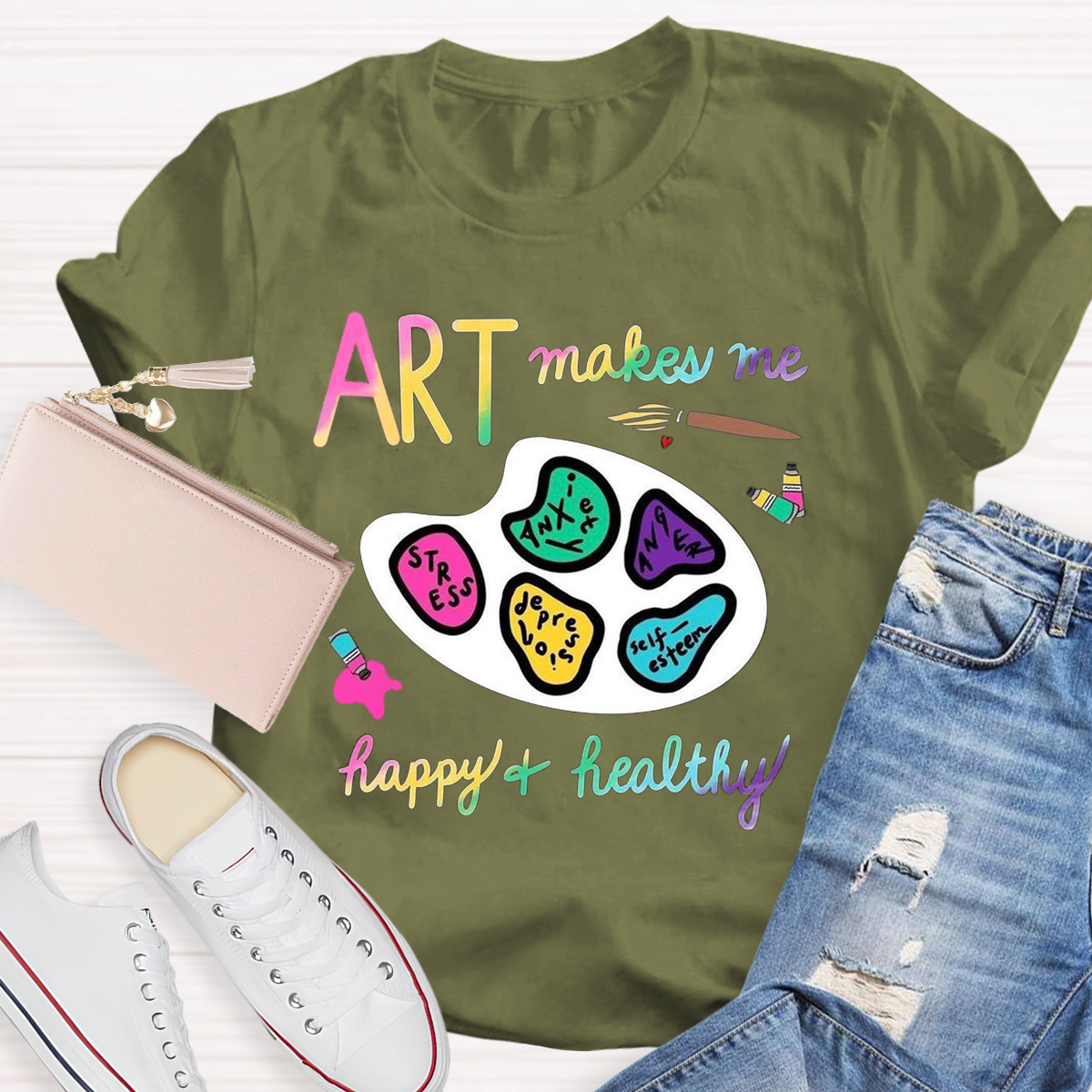 Art Makes Me Happy And Healthy Teacher T-Shirt