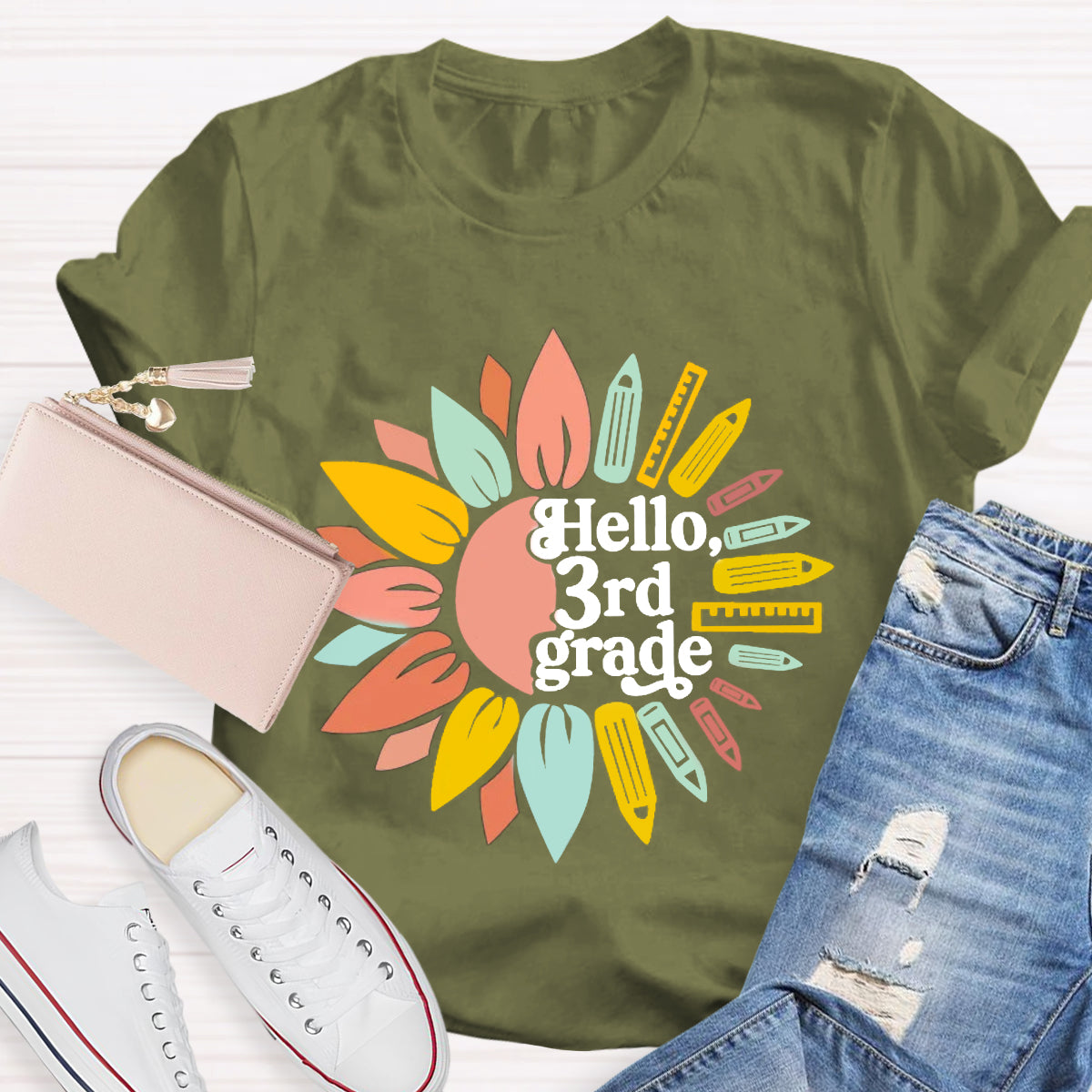 Personalized Grade Hello 3rd Grade Sunlower Teacher T-Shirt