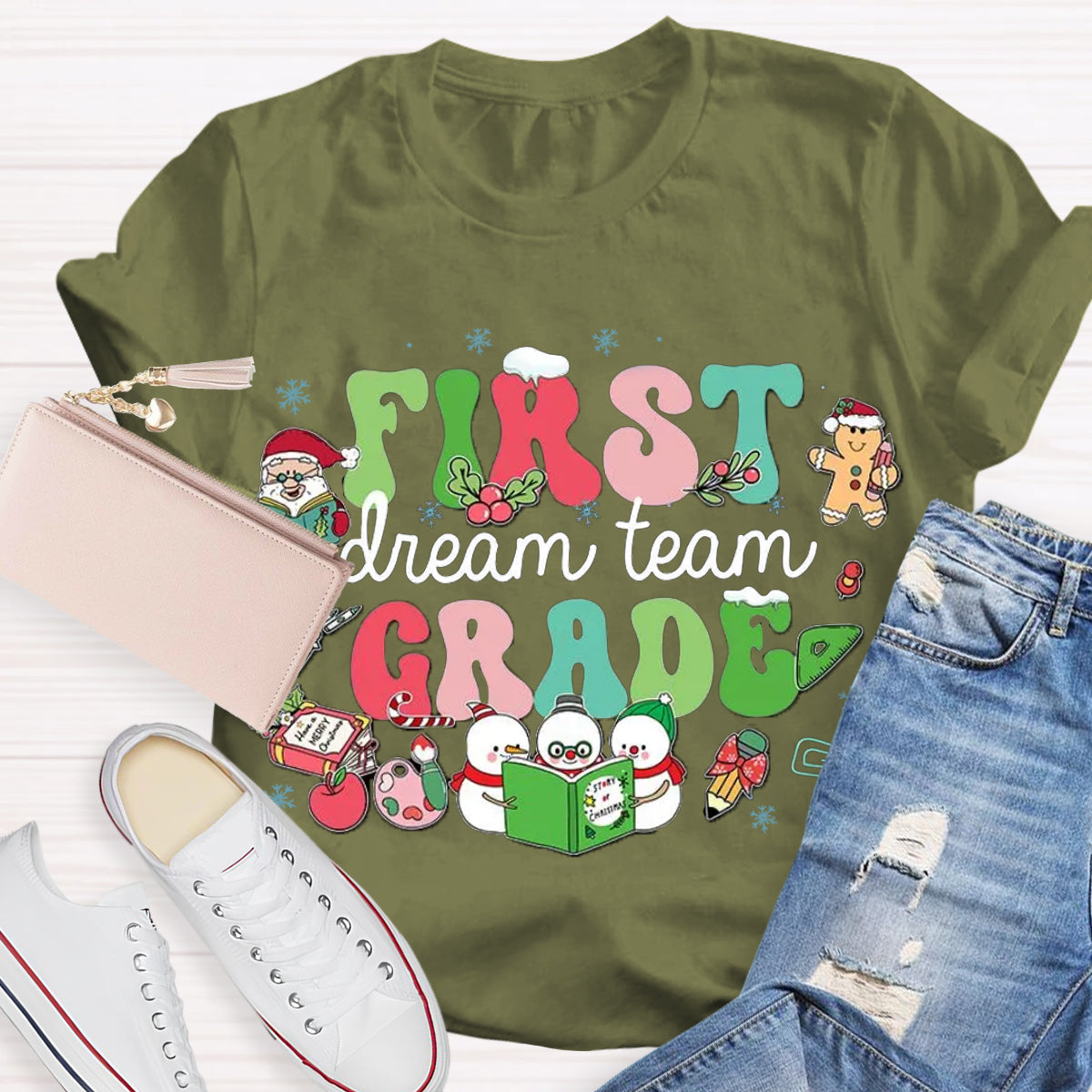 Personalized Grade Dream Team Christmas Snowman Reading A Book T-Shirt