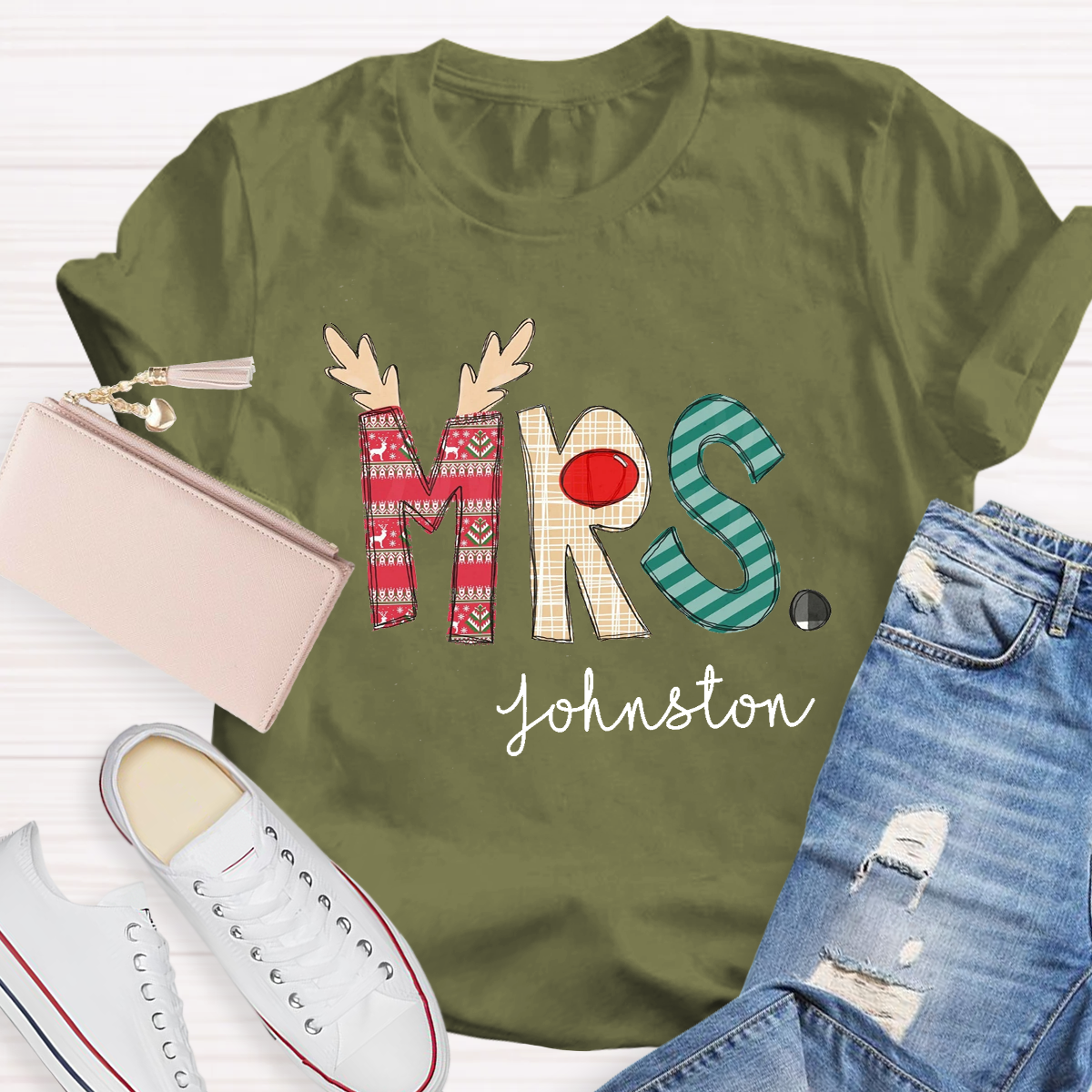 Personalized Christmas Classic Pattern Teacher Name Teacher T-Shirt