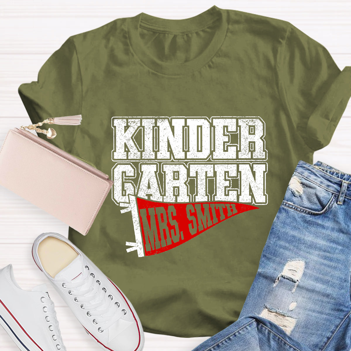 Personalized Grade And Name Flag Shaped Print Teacher T-Shirt