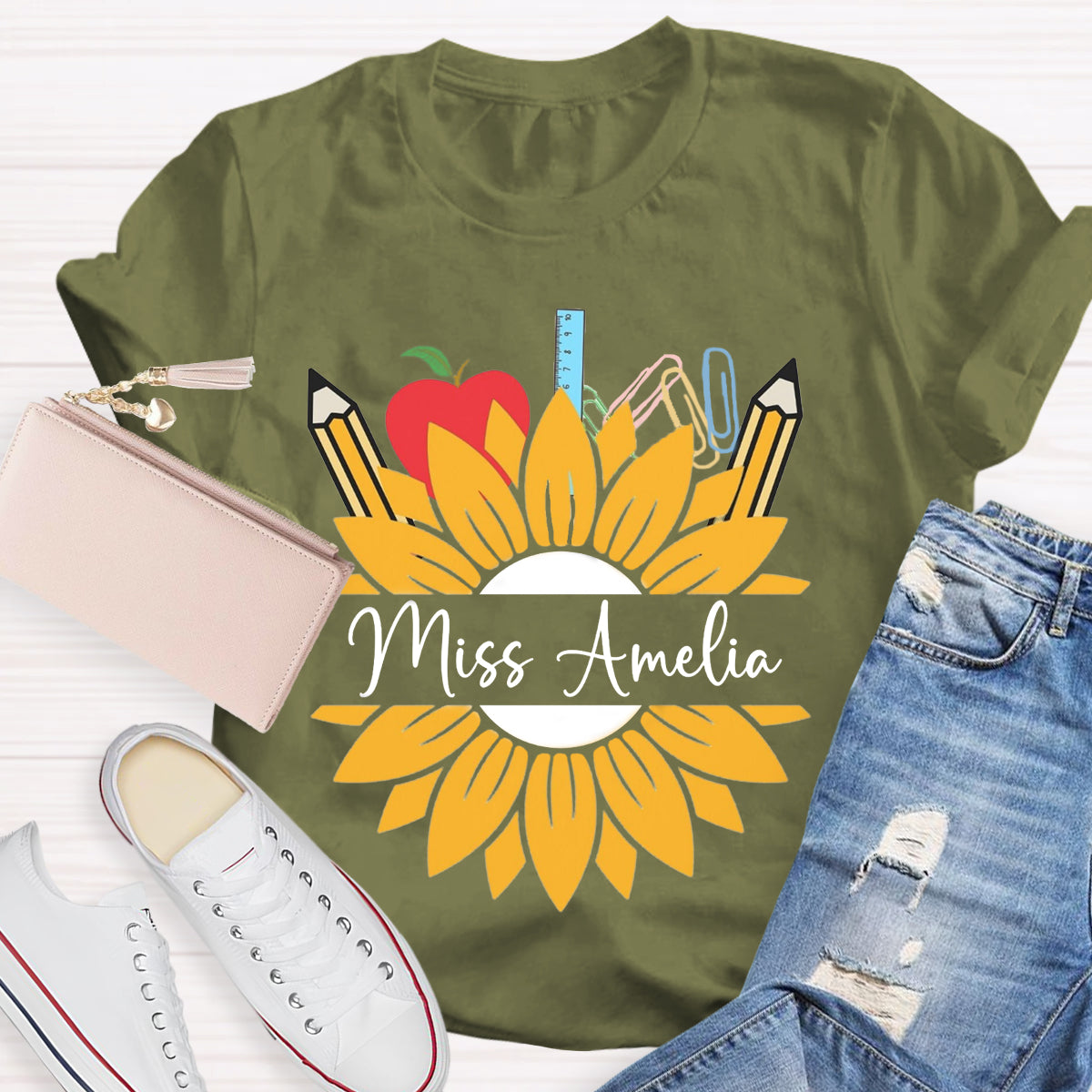 Personalized Name Sunflower Apple Pencil Teacher T-Shirt