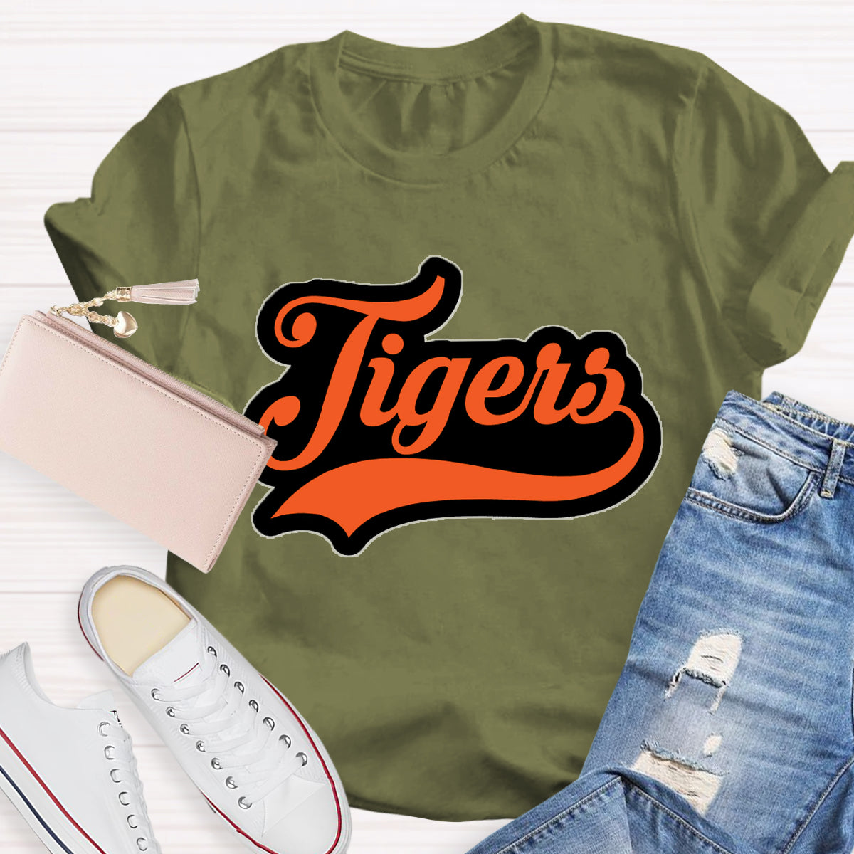 Personalized School Mascot Tigers Orange Letters Teacher T-Shirt