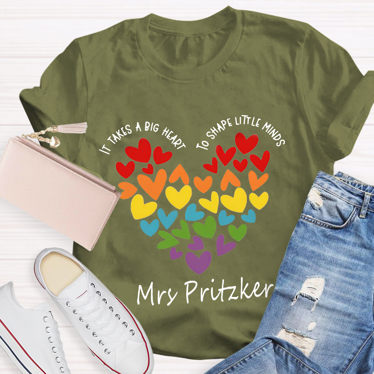 Personalized Name It Takes A Big Heart To Shape Little Minds Teacher T-Shirt