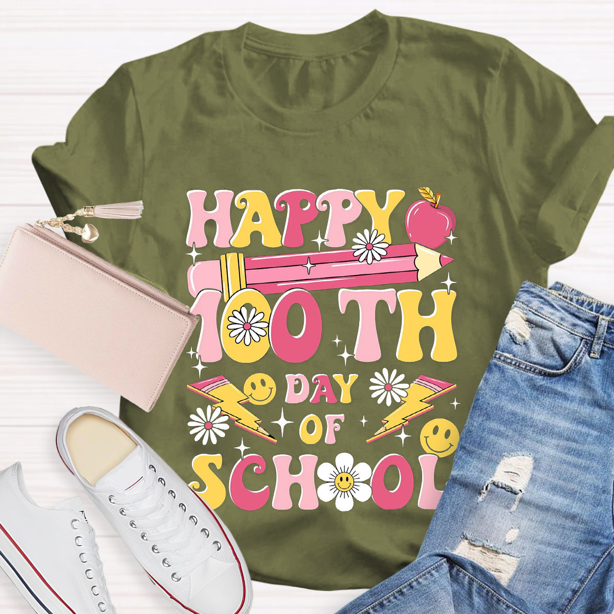 Happy 100 Days Of School Pink Pencil Teacher T-Shirt