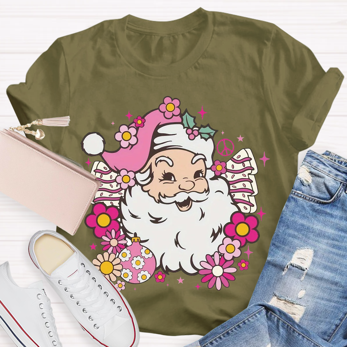 Hippie Santa Groovy Peace Christmas Teacher T-Shirt